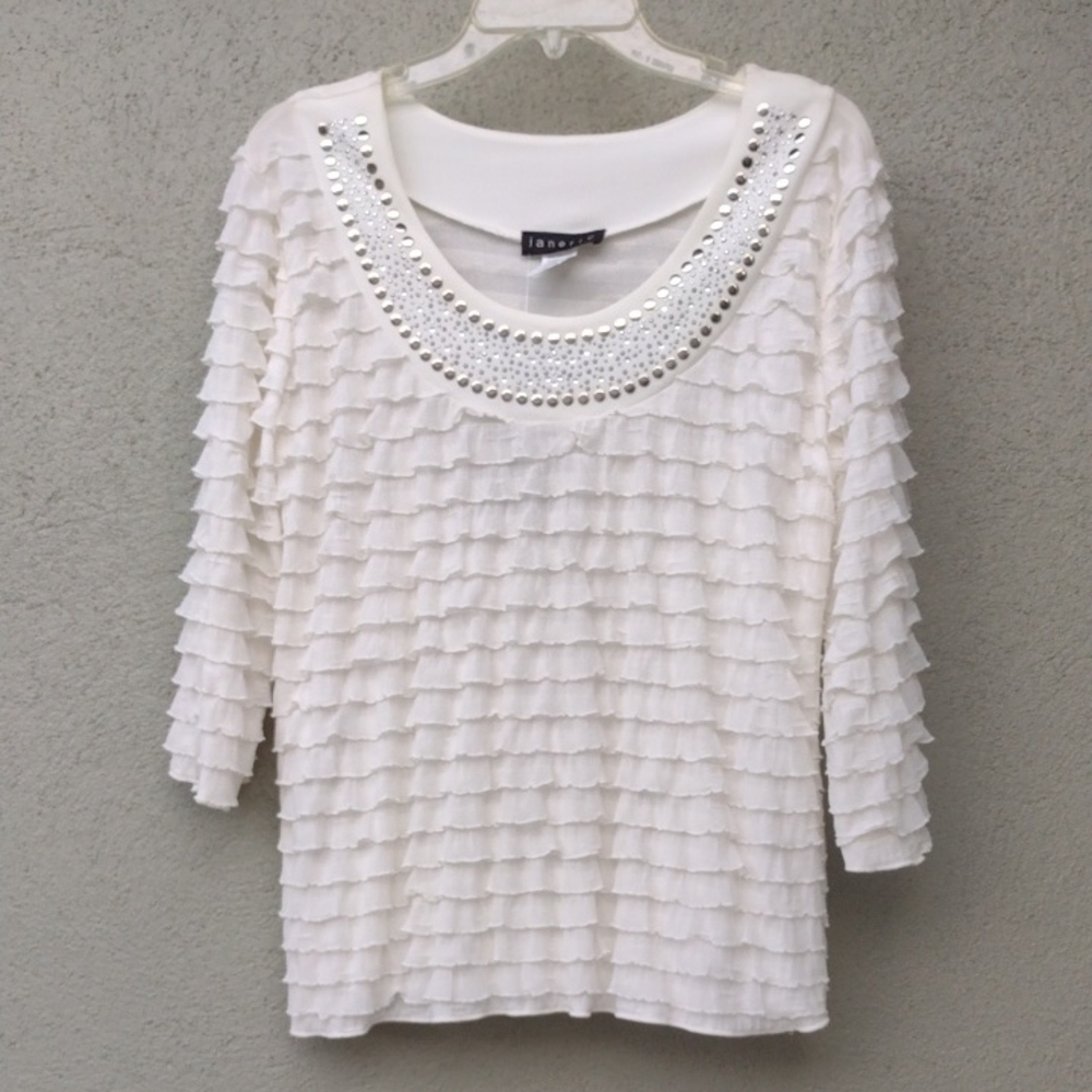 Janeric White Ruffled Top with Embellished Neckline PL